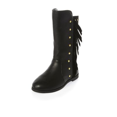 Mini girls black knee high tassel boots